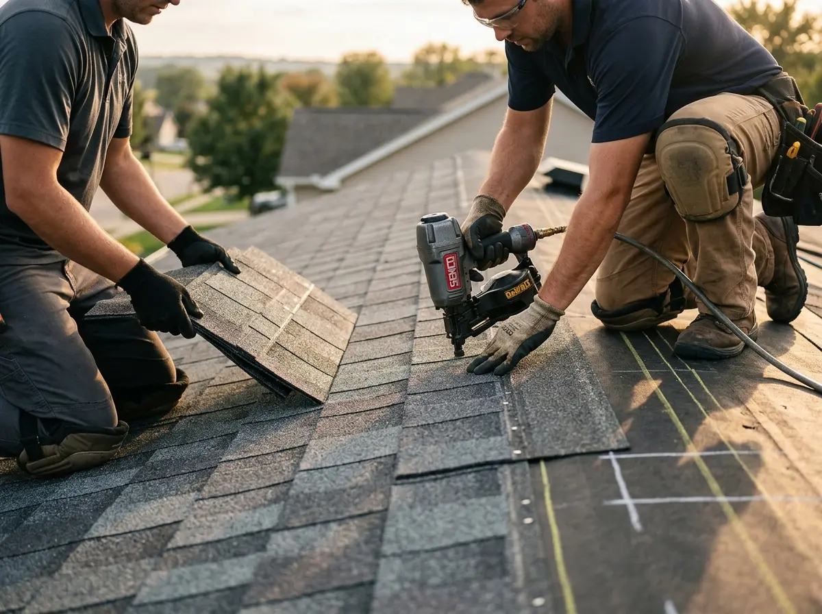 Professional roofer working on a residential roof in Yankee Springs